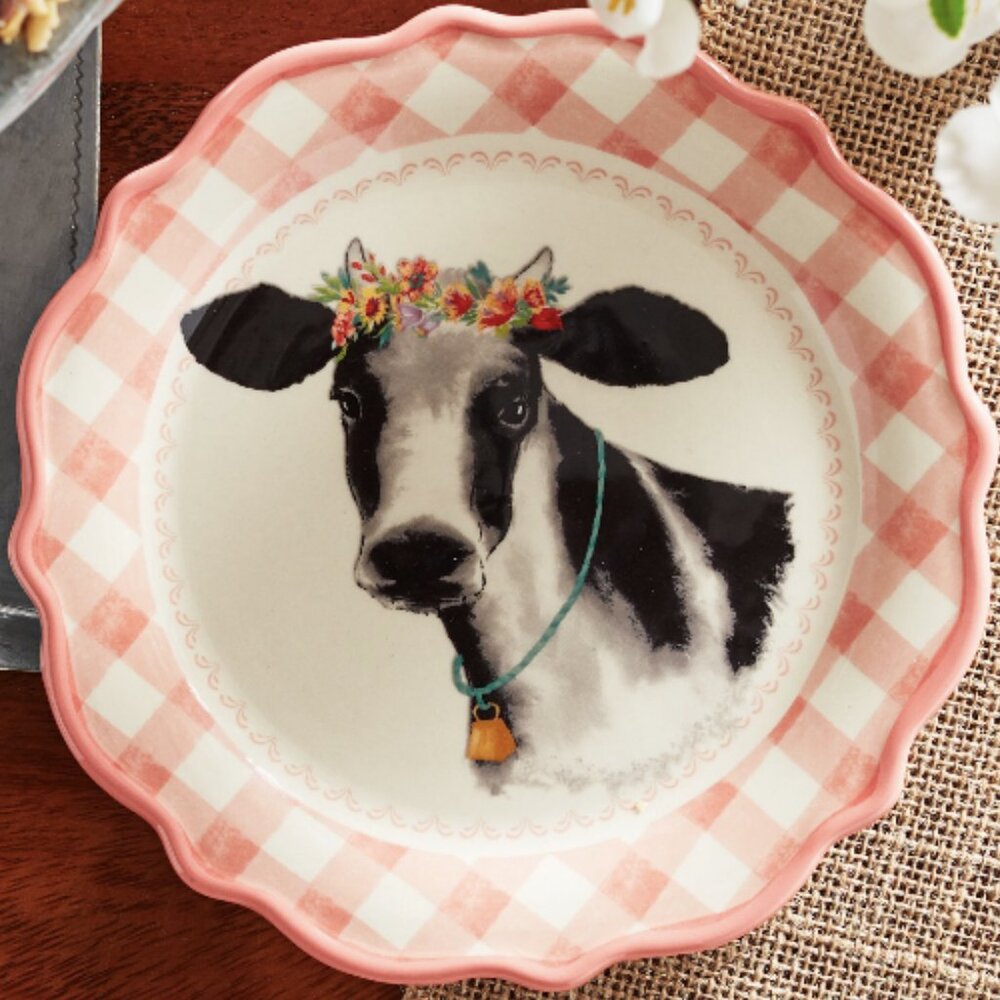 Pioneer Woman Appetizer Plate Black White Cow Pink Gingham Ceramic Dessert Dish